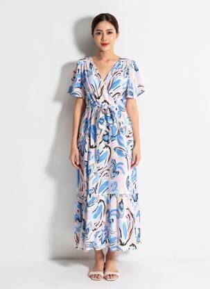 Robe longue manches courtes manches courtes bleu LORIANE femme