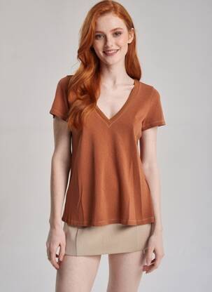 T-shirt col v manches courtes marron GRACE & MILA femme