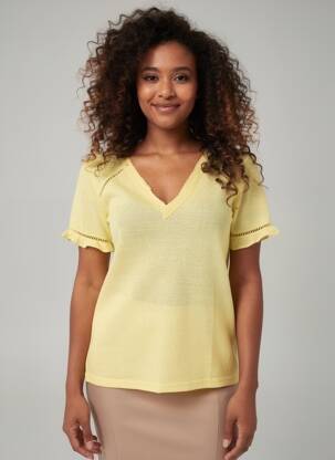Pull maille ajourée manches courtes jaune GRACE & MILA femme