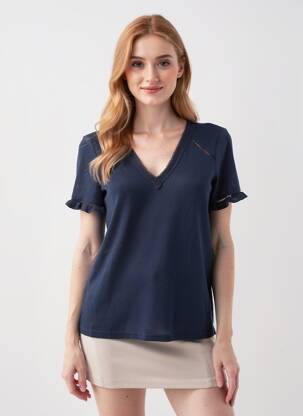 Pull maille ajourée manches courtes bleu GRACE & MILA femme