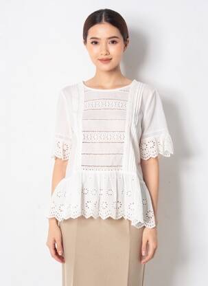 Blouse tissage popeline manches courtes blanc GRACE & MILA femme