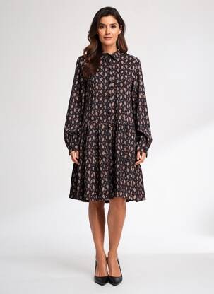 Robe mi-longue imprimé fantaisie manches longues noir MOLLY BRACKEN femme