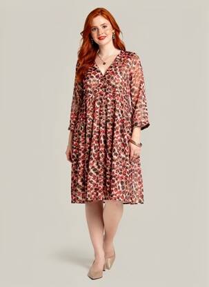 Robe mi-longue imprimé fantaisie manches longues marron GRACE & MILA femme