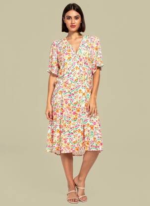 Robe mi-longue imprimé fleurs manches courtes blanc LA PETITE ETOILE femme