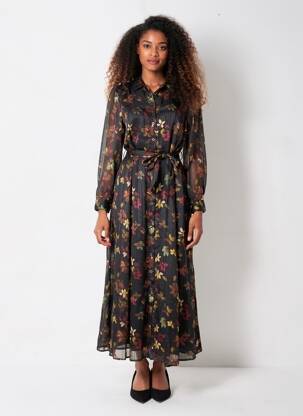 Robe longue imprimé fantaisie manches longues noir LA PETITE ETOILE femme