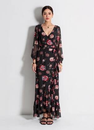 Robe longue imprimé fantaisie manches longues noir LPB LES PETITES BOMBES  femme