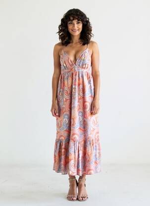 Robe mi-longue imprimé fantaisie fines bretelles orange MOLLY BRACKEN femme