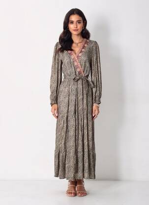 Robe longue imprimé fantaisie manches longues noir GRACE & MILA femme