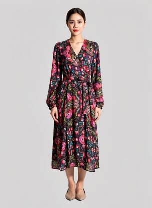 Robe longue imprimé fantaisie manches longues noir MOLLY BRACKEN femme