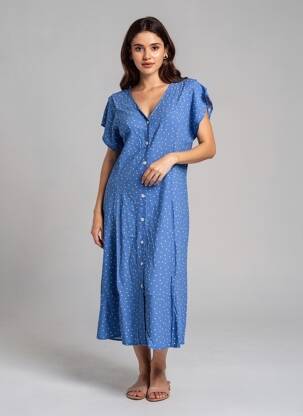 Robe mi-longue manches courtes manches courtes bleu GRACE & MILA femme