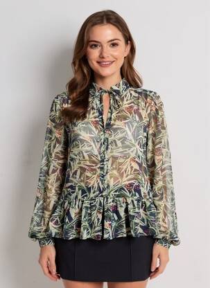 Chemisier tissage crêpe manches longues bleu GRACE & MILA femme