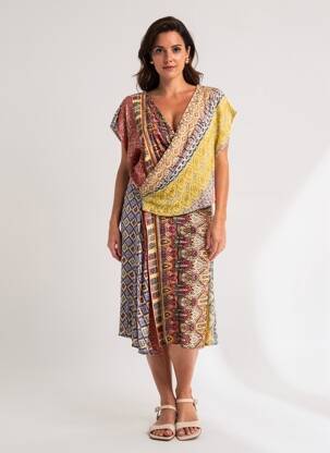 Robe mi-longue coupe fluide manches courtes jaune DESIGUAL femme