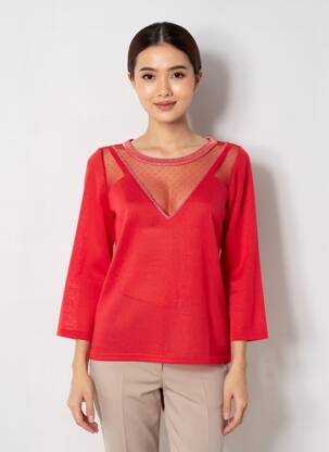 Top coupe cintrée manches 3/4 rouge GRACE & MILA femme