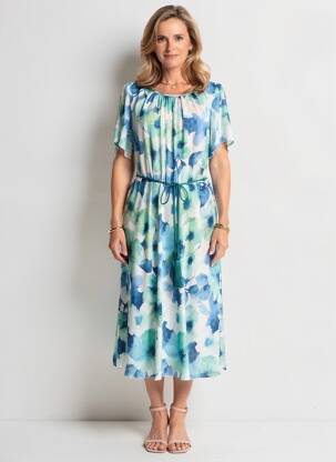 Robe mi-longue coupe fluide manches courtes bleu ESTEL COLLECTION femme