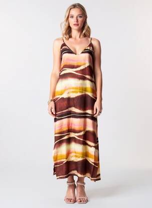 Robe mi-longue coupe fluide fines bretelles marron PLEASE femme