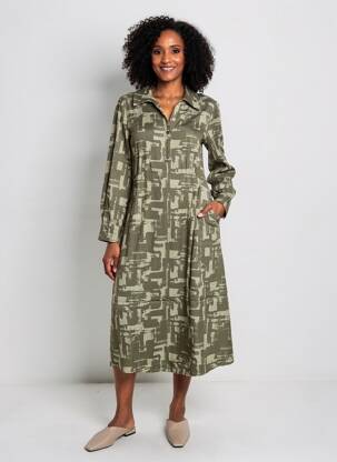 Robe mi-longue imprimé fantaisie manches longues vert YERSE femme