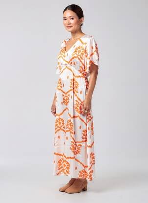 Robe longue imprimé fantaisie manches courtes orange VAN-DOS femme