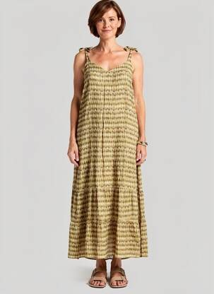 Robe longue imprimé fantaisie sans manche vert FELINO femme