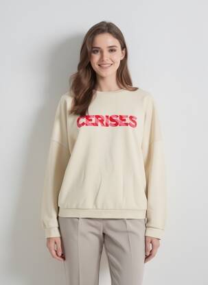 Sweat-shirt sérigraphie floquée manches longues beige LE TEMPS DES CERISES femme