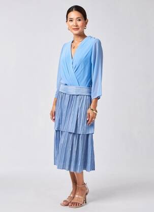 Robe mi-longue tissage crêpe manches longues bleu BARILOCHE femme