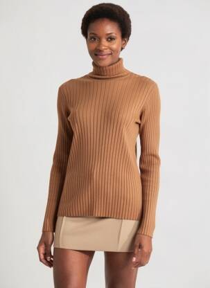 Pull col roulé tissage côtelé manches longues marron BETTY BARCLAY femme