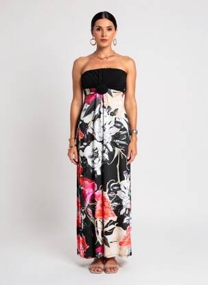 Robe longue imprimé fleurs sans manche noir EROKE femme