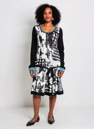 Robe mi-longue imprimé fantaisie manches longues noir TRICOT CHIC femme