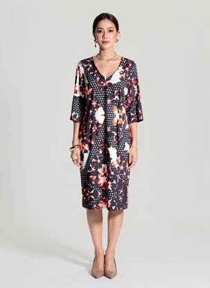 Robe mi-longue imprimé fleurs manches 3/4 noir EROKE femme