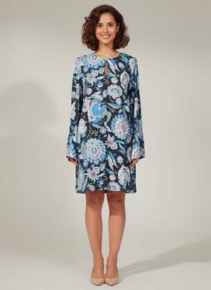 Robe mi-longue imprimé fleurs manches longues bleu LA FEE MARABOUTEE femme