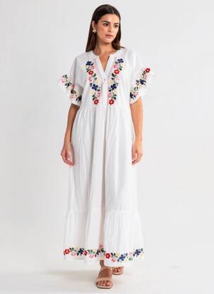 Robe longue coupe évasée manches courtes blanc OBJECT femme