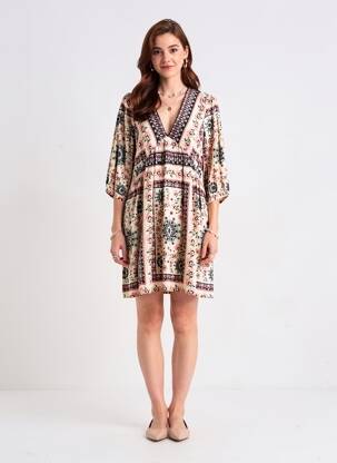 Robe courte manches 3/4 manches 3/4 beige GRACE & MILA femme
