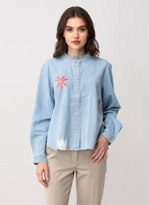 Chemisier coupe droite manches longues bleu ICHI femme