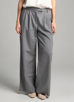 Pantalon large taille à pinces taille haute gris BERSHKA femme