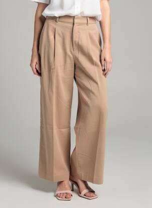 Pantalon large tissage popeline taille haute marron UNIQLO femme