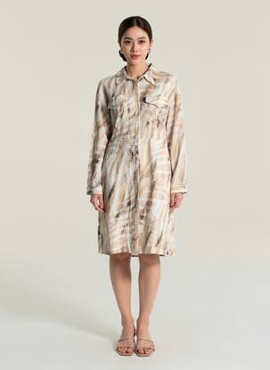 Robe mi-longue imprimé fantaisie manches longues beige EVA KAYAN femme