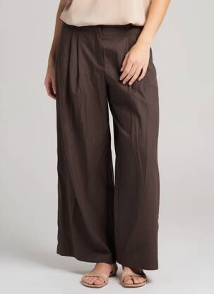 Pantalon large tissage popeline taille haute marron ZARA femme