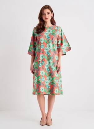 Robe mi-longue imprimé fleurs manches 3/4 orange CISSI OCH SELMA femme