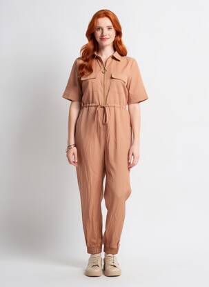 Combi-pantalon col chemisier manches courtes marron KOOIOOK femme