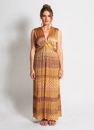 Robe longue imprimé fantaisie sans manche jaune ELORA femme