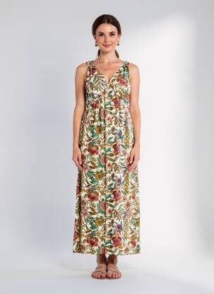 Robe longue imprimé fleurs sans manche vert ELORA femme