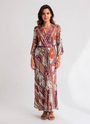 Robe longue imprimé fleurs manches 3/4 orange ELORA femme