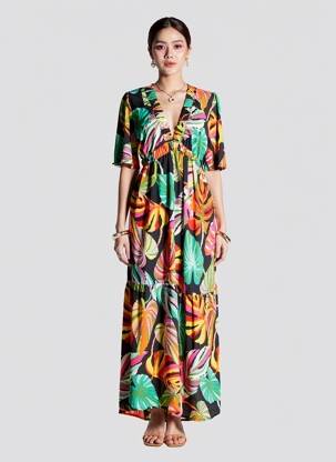 Robe longue imprimé fantaisie manches courtes noir GOLD & SILVER femme
