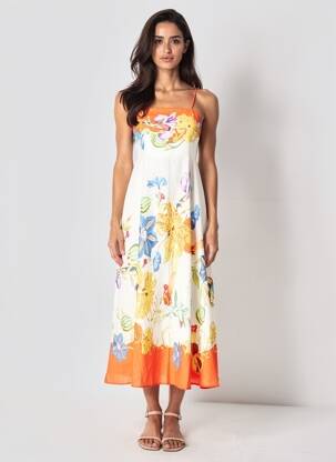 Robe longue imprimé fantaisie fines bretelles orange REMIX femme