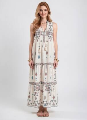 Robe longue imprimé fantaisie sans manche blanc MADE IN ITALY femme