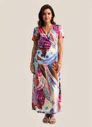 Robe longue imprimé fantaisie manches courtes rose JOY'S PARIS femme