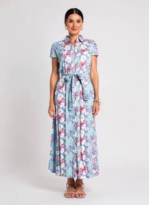 Robe longue manches courtes manches courtes bleu QUEEN'S femme