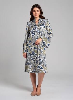 Robe mi-longue imprimé fantaisie manches longues bleu JOY'S PARIS femme