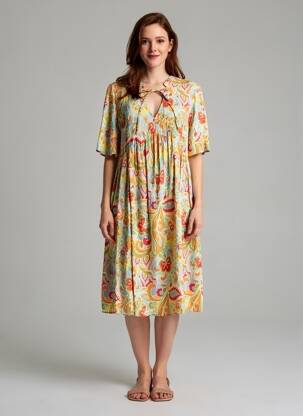 Robe mi-longue imprimé fantaisie manches courtes vert EMA BLUE'S femme