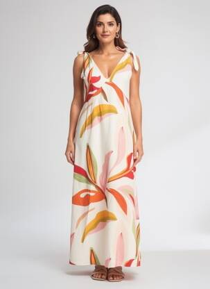 Robe longue imprimé fantaisie sans manche beige CERISE BLUE femme