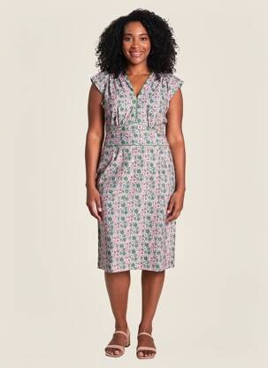 Robe mi-longue imprimé fleurs manches courtes vert PRINCESSE NOMADE femme